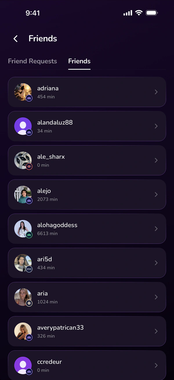 Your friends list, with each friend’s practice minutes