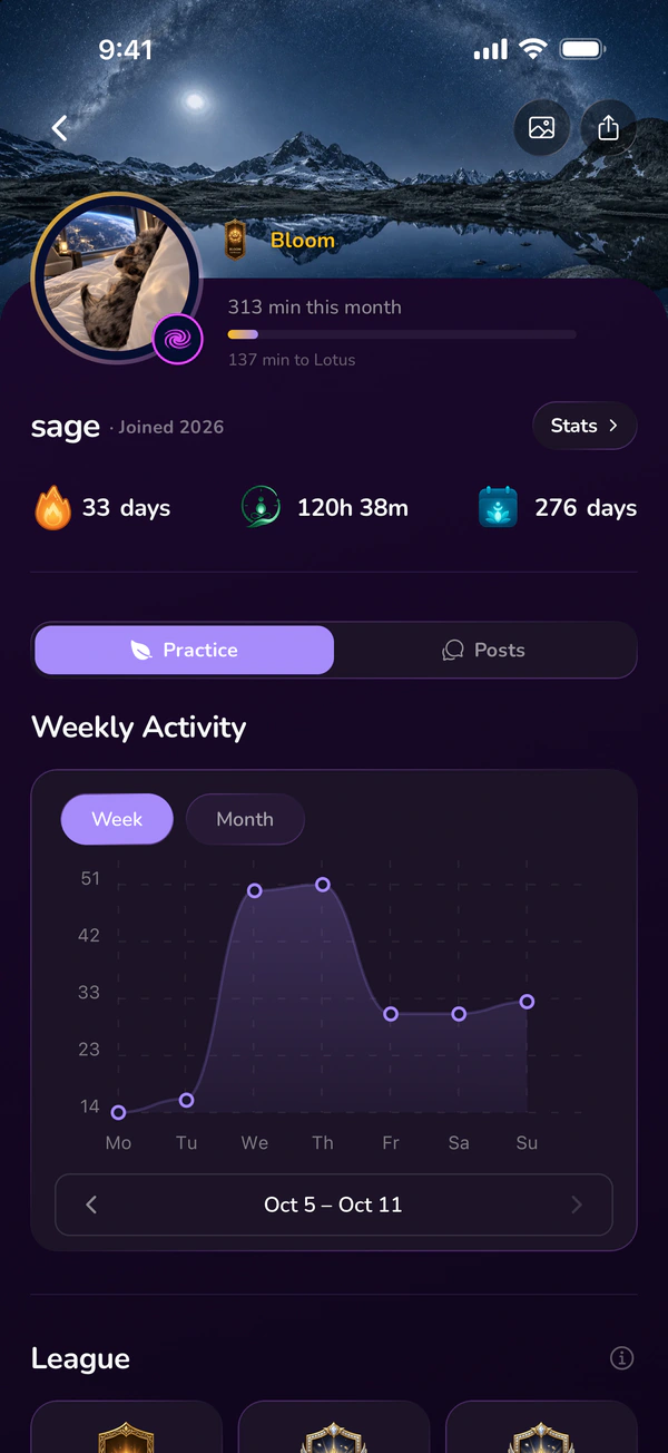 Your profile with streak, total time and days practiced